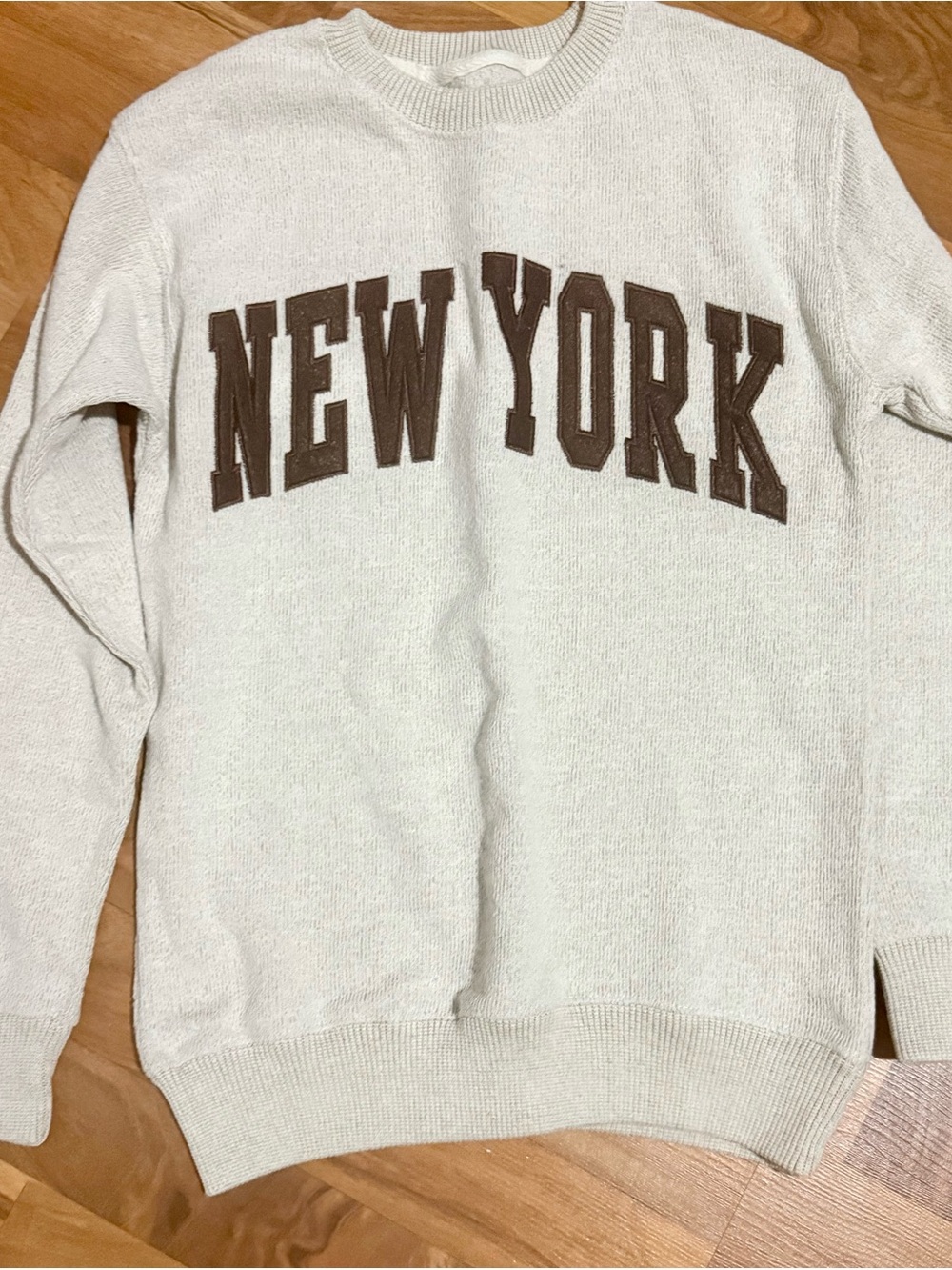 NEW YORK Cream Crewneck Sweater with Brown Lettering
